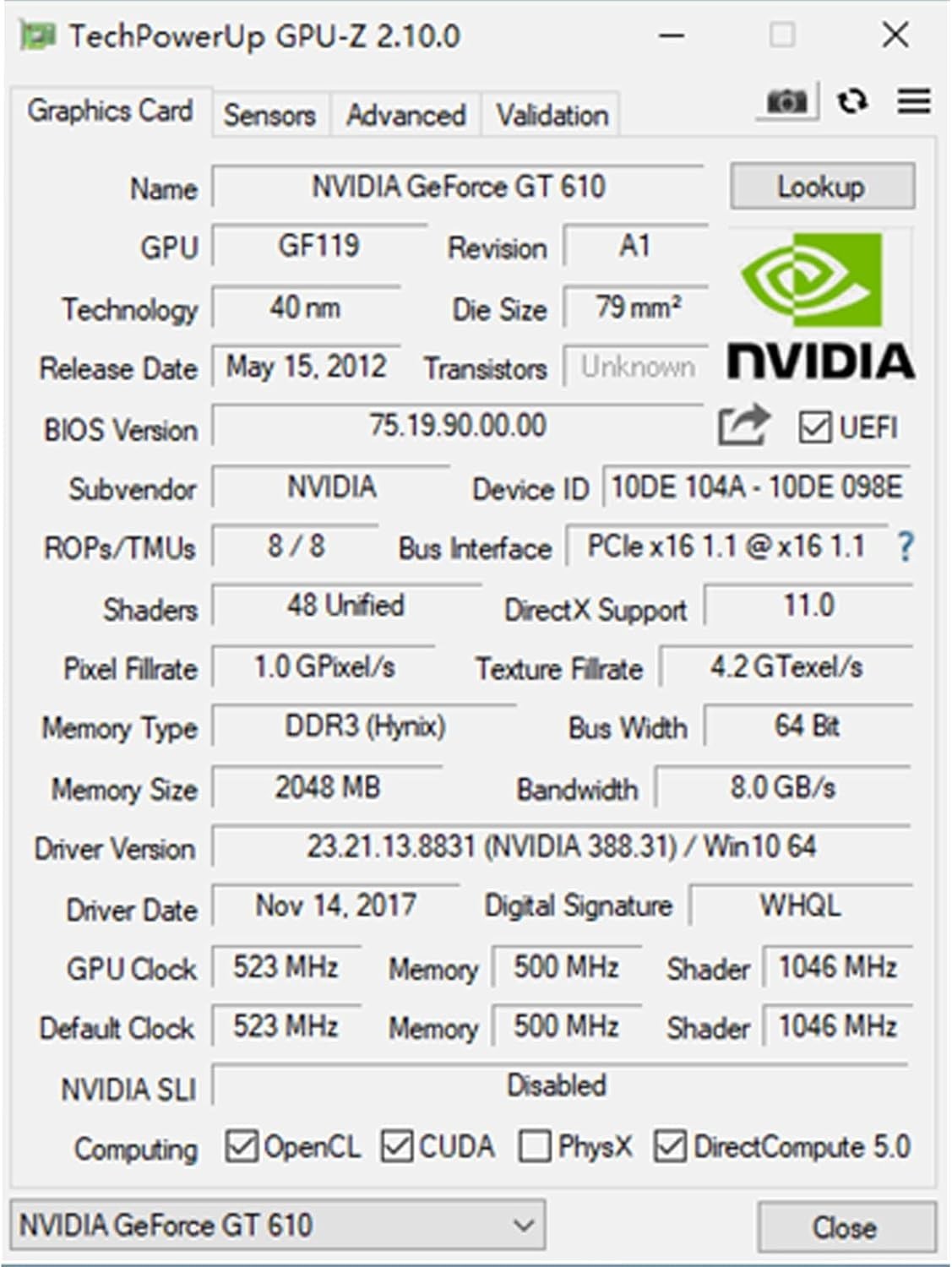 Entry-Level NVIDIA GeForce GT 610 Low Profile Card – HDMI/VGA, Win11 Compatible