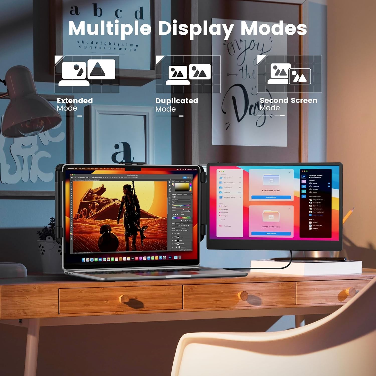 14″ Laptop Monitor Extender, FHD 1080P IPS, HDMI/USB-A/Type-C, for 13.3″-17″ Lap
