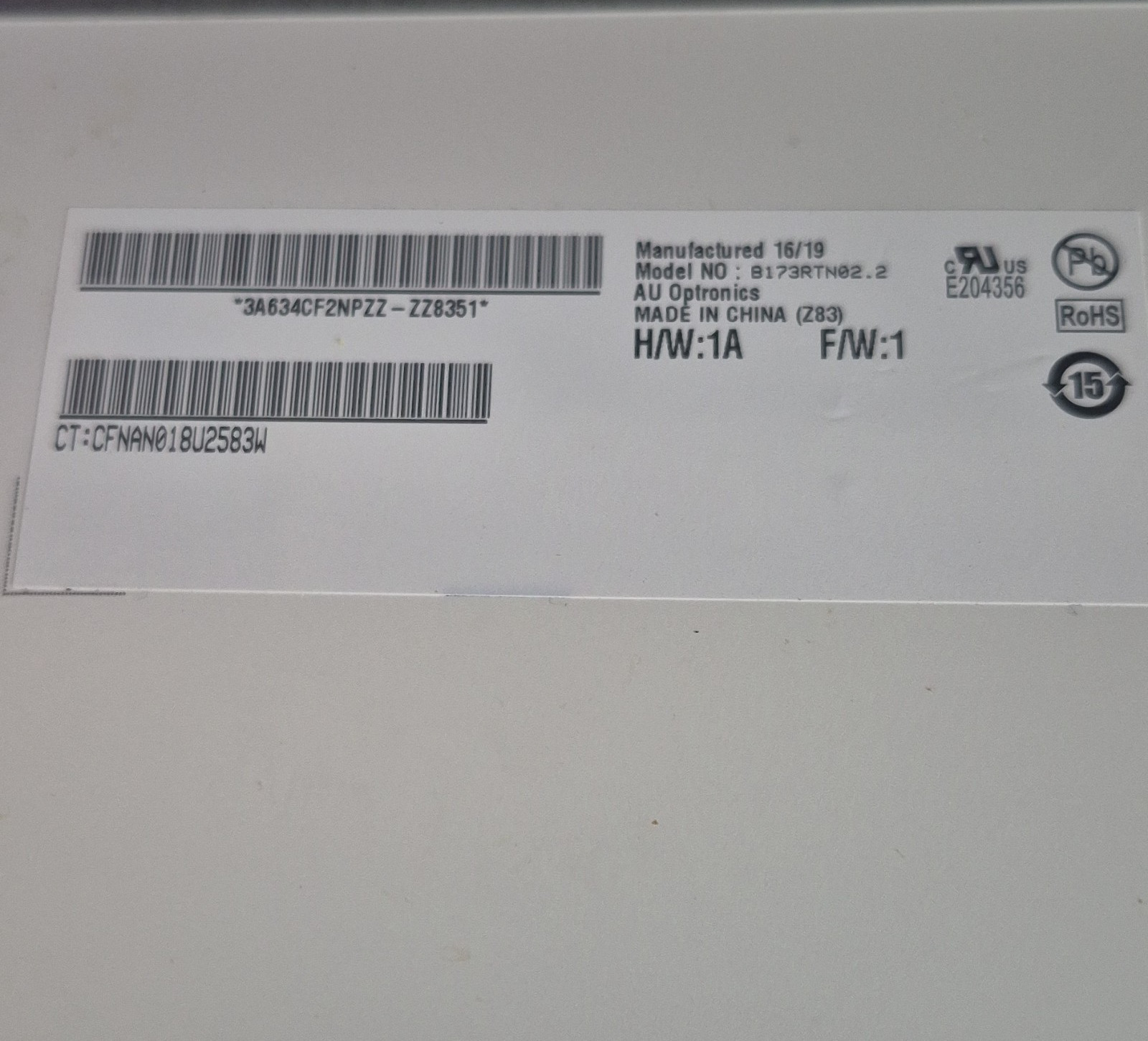 AU Optronics B173RTN02.2 17.3″ Glossy LCD Panel 1600×900 16:9 Silver