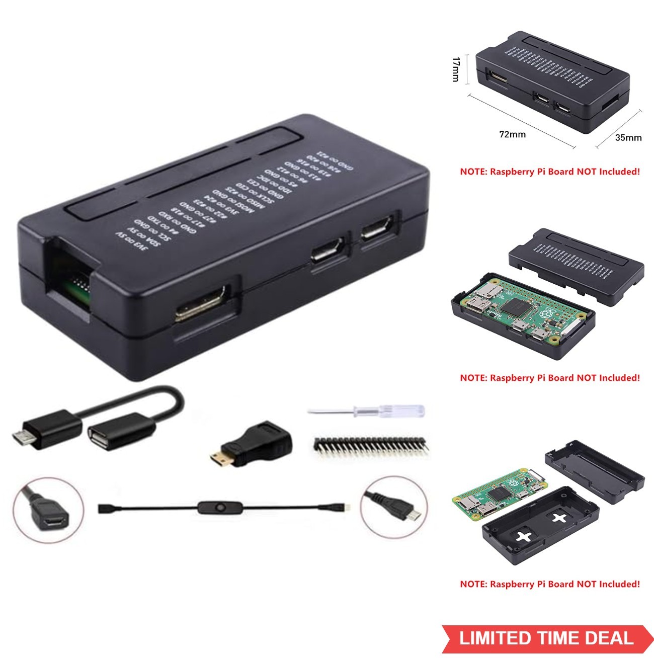 Raspberry Pi Zero Case Acrylic 7 in 1 Kit GPIO Header OTG Cable HDMI Adapter