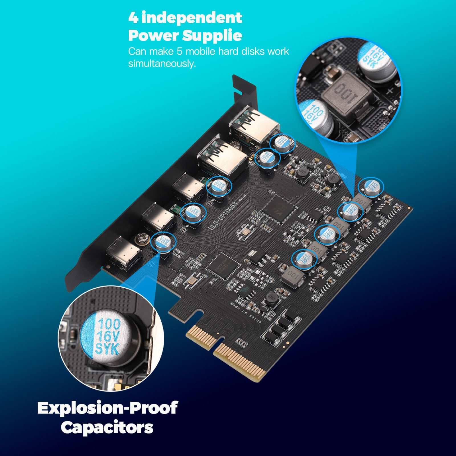5 Ports Desktop Expansion Card 20G USB 3.2 Gen 2 2*USB-A 3*USB-C For Win 7/8/10