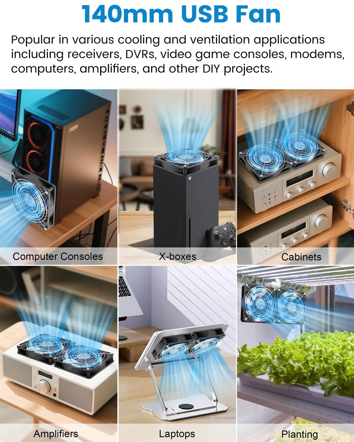 Efficient 140mm USB Fan with Brushless Motor & Metal Guards for Electronics