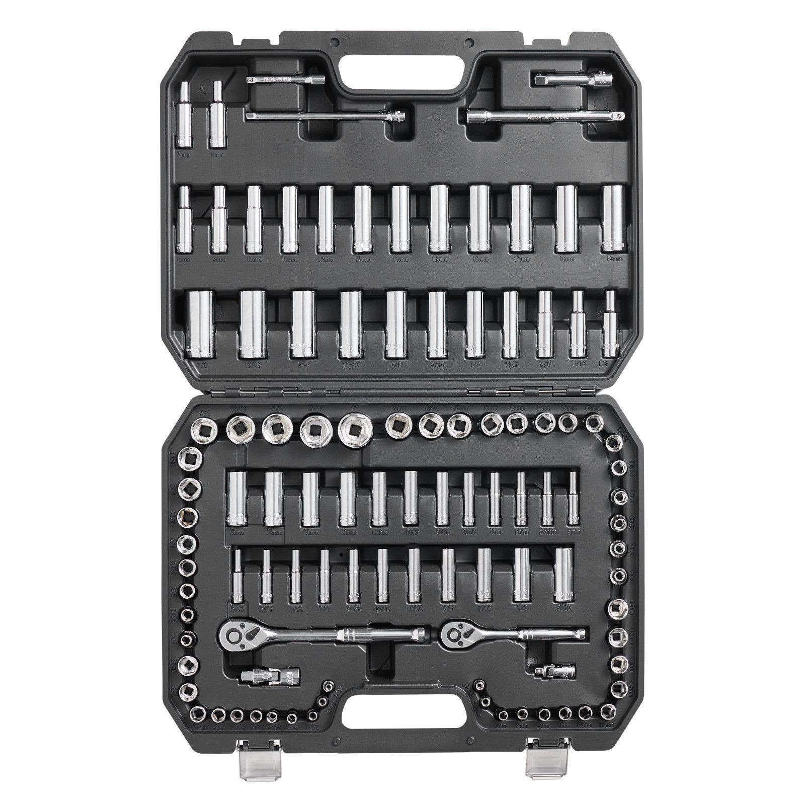 106pc 1/4″&3/8″ Drive SAE&Metric Sockets 5/32-1in&5-19mm with Accessories