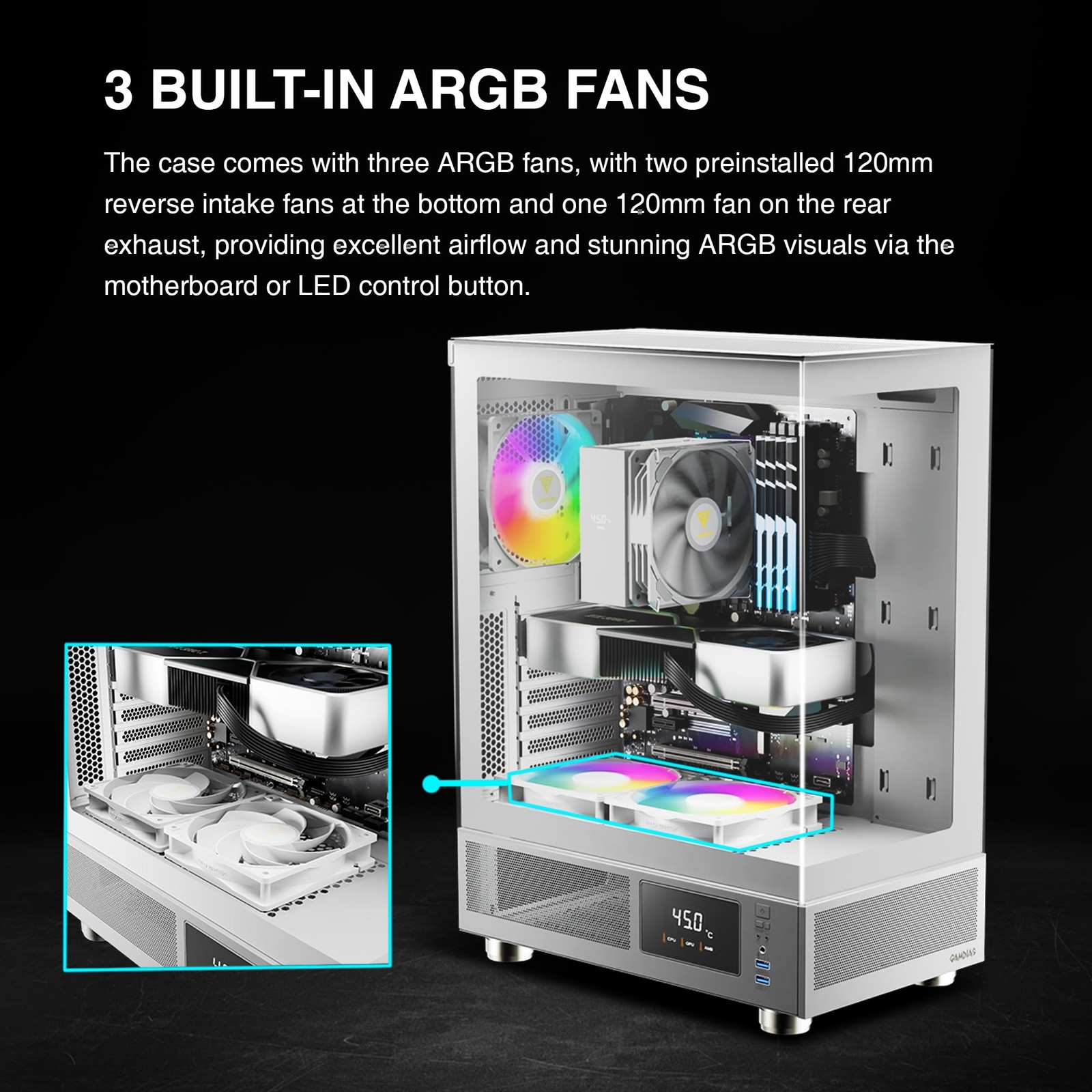 GAMDIAS White ATX Mid Tower Computer Case with Tempered Glass, Gaming