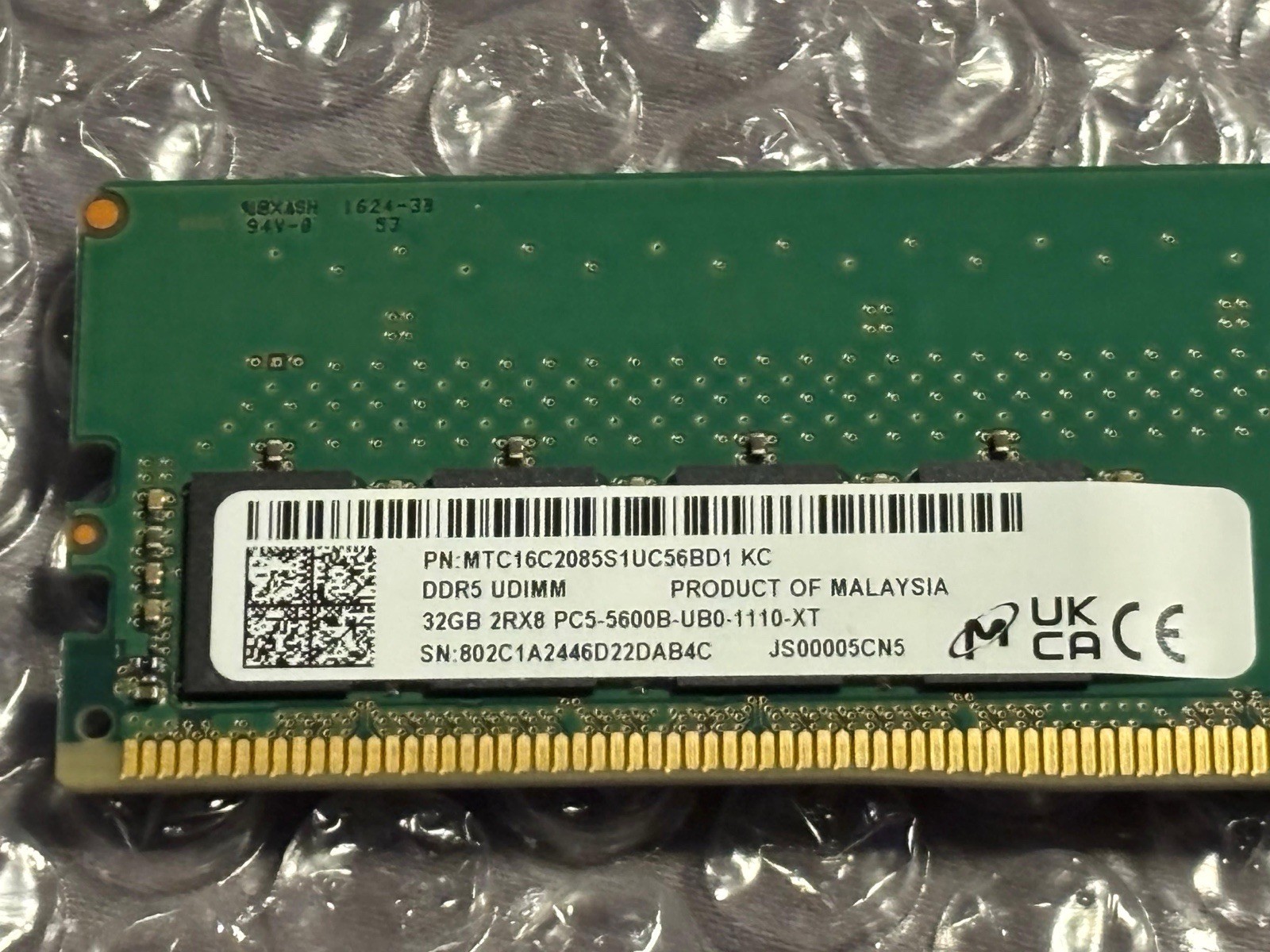Micron DDR5 SDRAM UDIMM 32GB PC5-5600B 288-Pin Unbuffered MTC16C2085S1UC56BD1