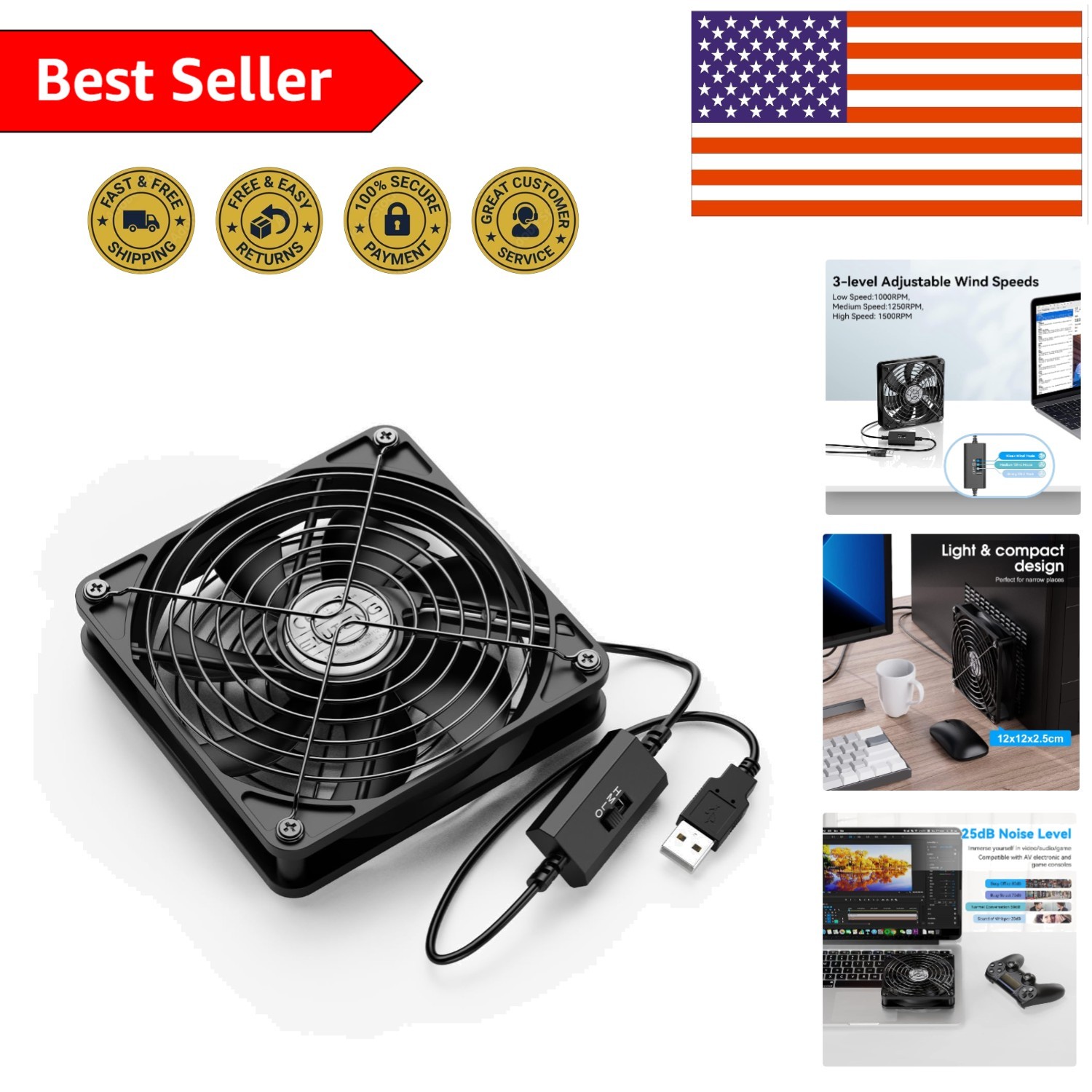 Efficient 120mm USB Powered Fan – 3 Speed Control, Ultra Quiet for Electronics