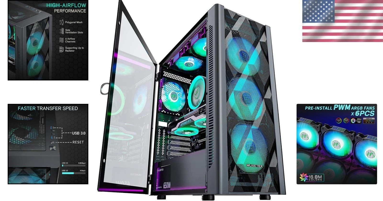 Large ATX Case with 6 Addressable ARGB Fans & Tempered Glass for Optimal Cooling