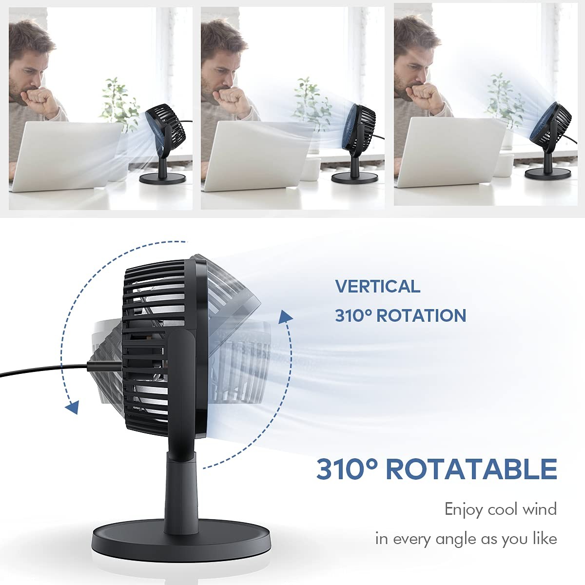 Mini Desk Fan, USB Powered Desktop Fan with 4 Speeds, Small but Black
