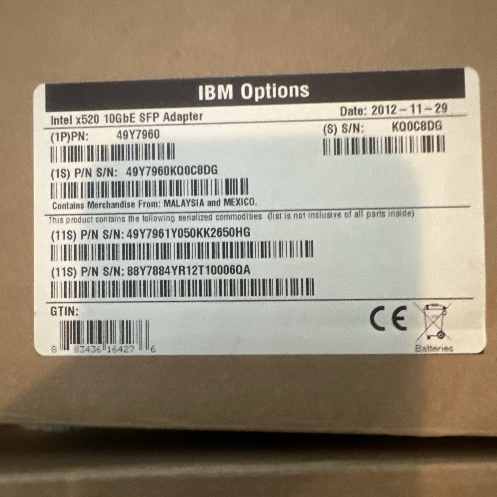 Lot of 2 X520-DA2 IBM/INTEL DUAL PORT 10GbE SFP+ ADAPTER 49Y7961 49Y7962 49Y7960