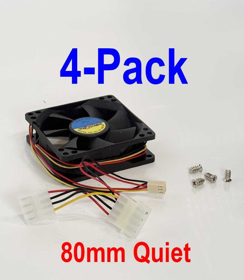 Masscool 80mm Quiet Cooling Fan 3-Pin Motherboard & 4-Pin Molex PSU (4-Pack)