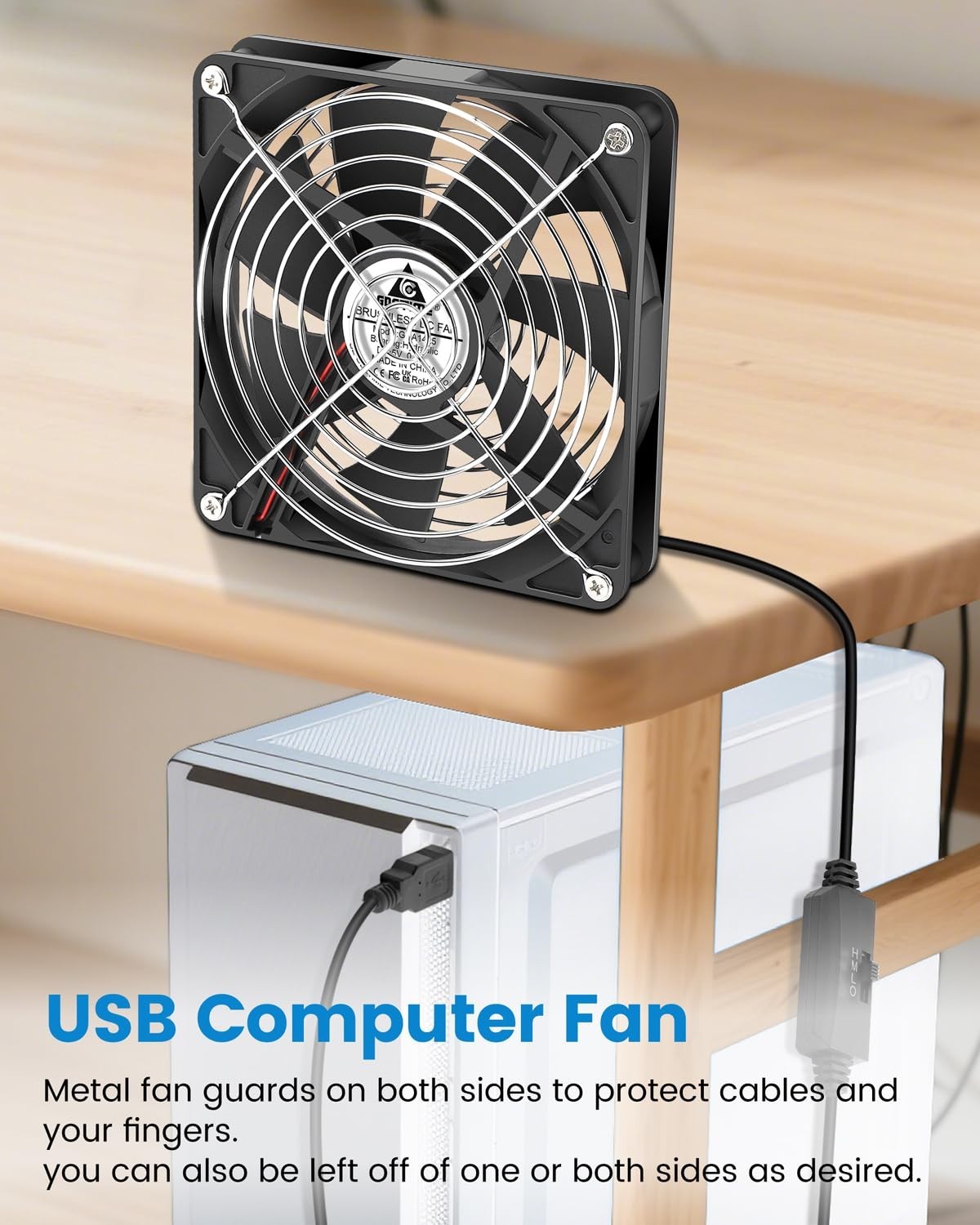 Efficient 140mm USB Fan with Brushless Motor & Metal Guards for Electronics