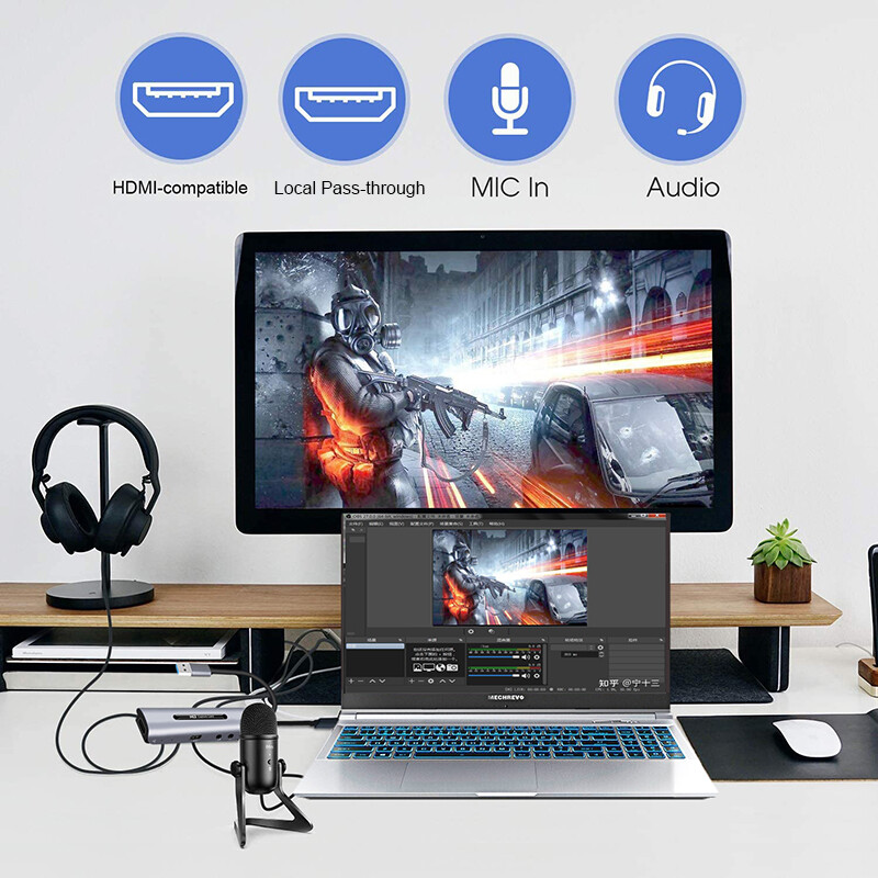 HDMI to Type C USB Capture Card Game Recording Box Video Live Streaming Loop Mic
