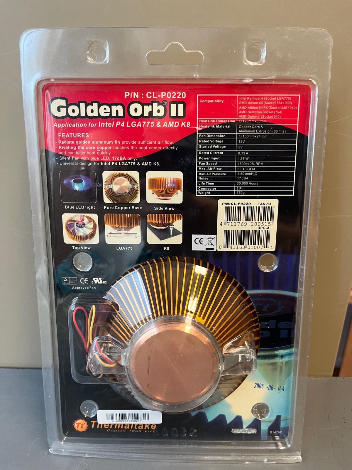 Golden Orb II CL-P0220 Thermaltake, CPU Cooler Fan, NEW, Intel