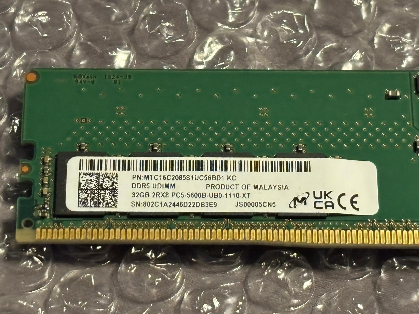 Micron DDR5 SDRAM UDIMM 32GB PC5-5600B 288-Pin Unbuffered MTC16C2085S1UC56BD1