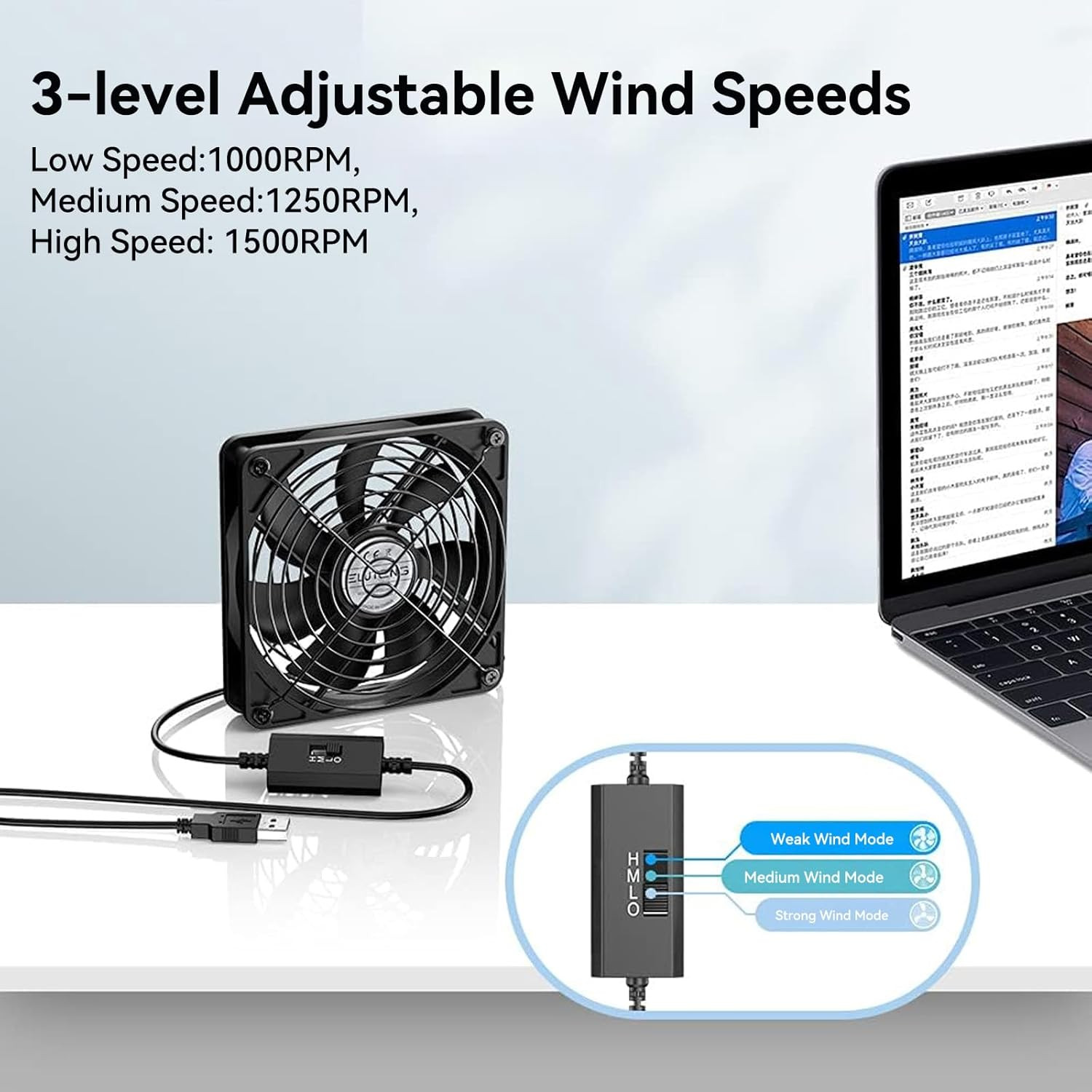 ELUTENG 120Mm Fan with 3 Speed 5V USB Powered Case Fan 1500PRM Gaming PC Portabl