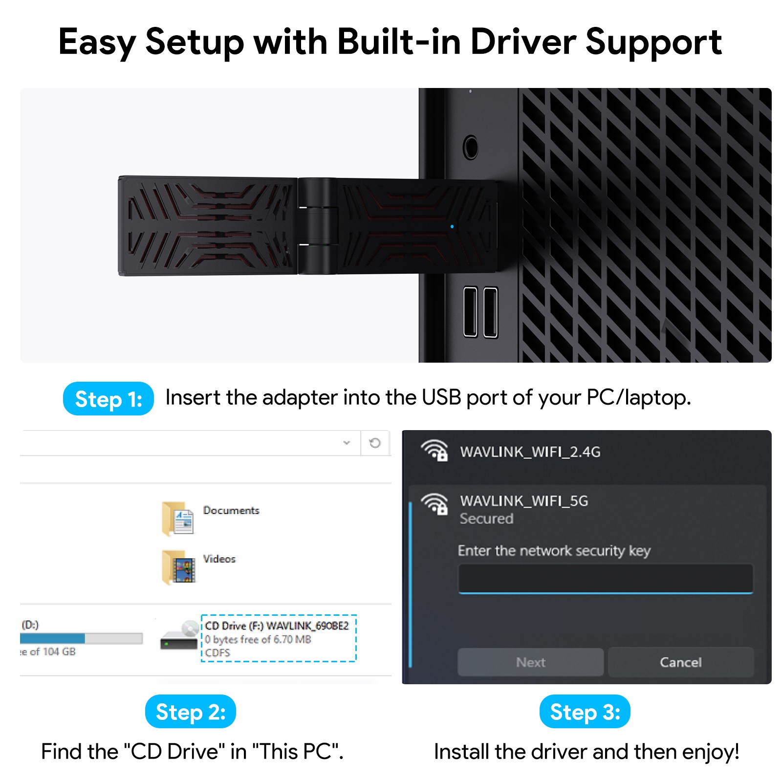 WAVLINK WiFi 7 BE6500 USB WiFi Adapter for Desktop PC Tri-Band Network Adapter