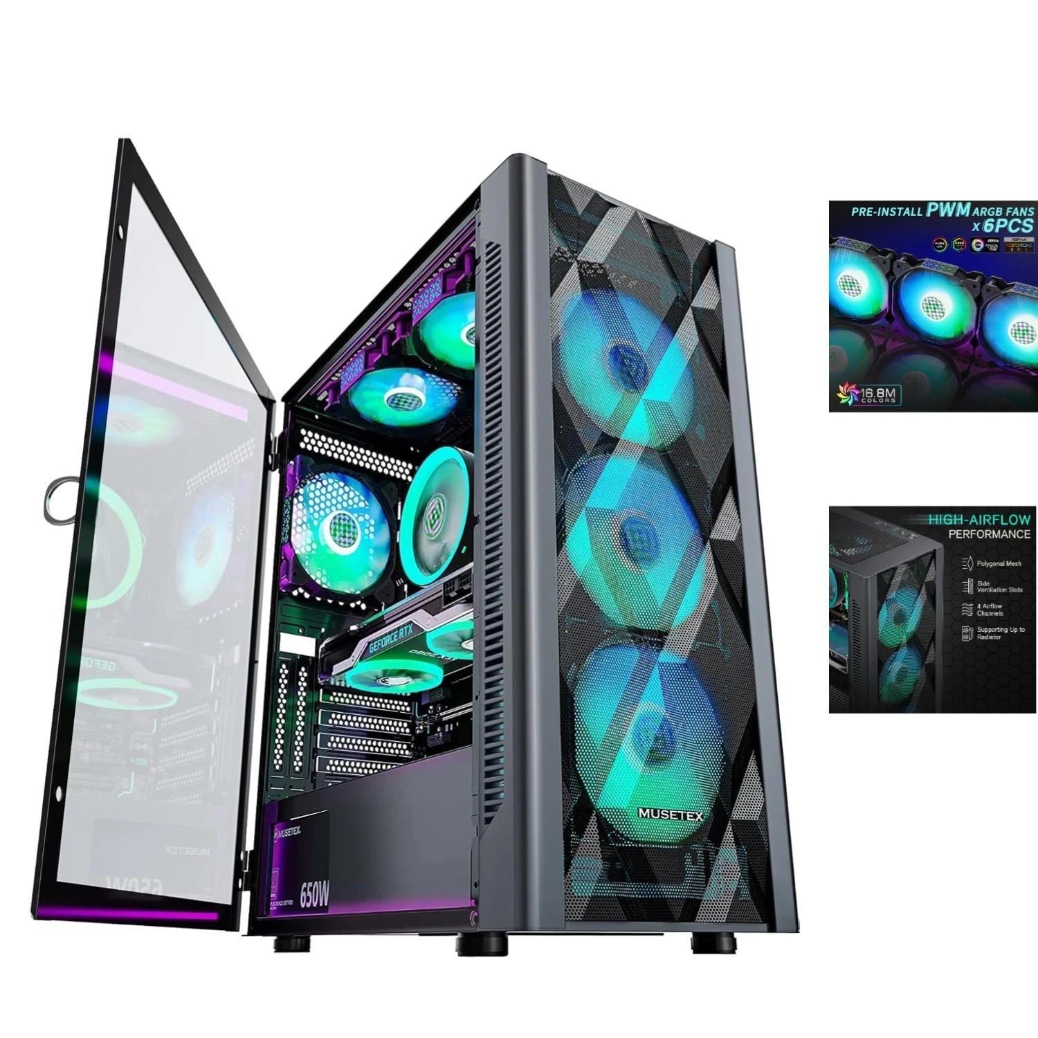 Large ATX Case with 6 Addressable ARGB Fans & Tempered Glass for Optimal Cooling