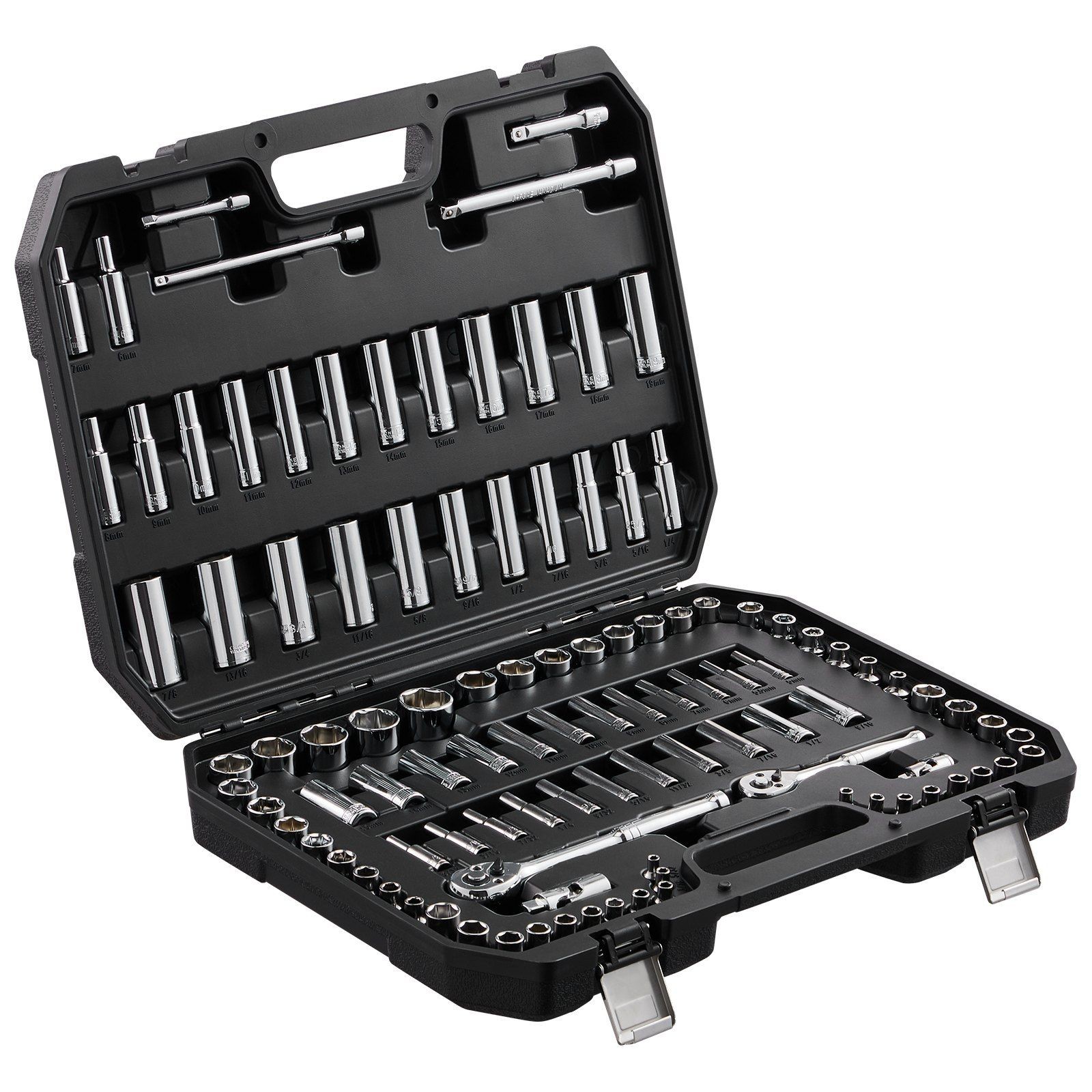 106-Pc 1/4″&3/8″ Drive SAE&Metric 6-Point Socket Set 5/32-1in&5-19mm