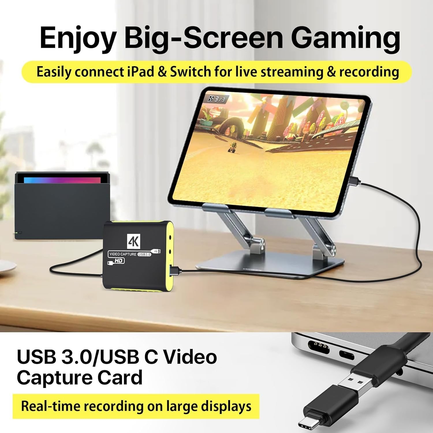 HDMI Capture Card for Nintendo Switch 2, 1080P 60FPS, Yellow | USB 3.0 plug and