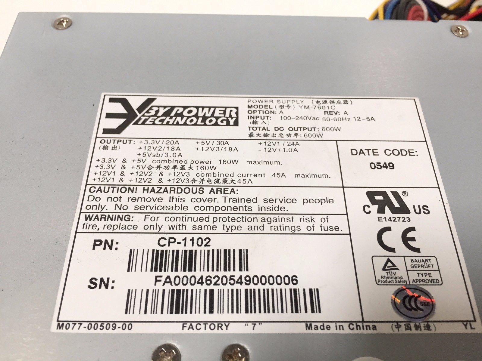 3Y Power CP-1102 600W Power Supply YM-7601C Option: A