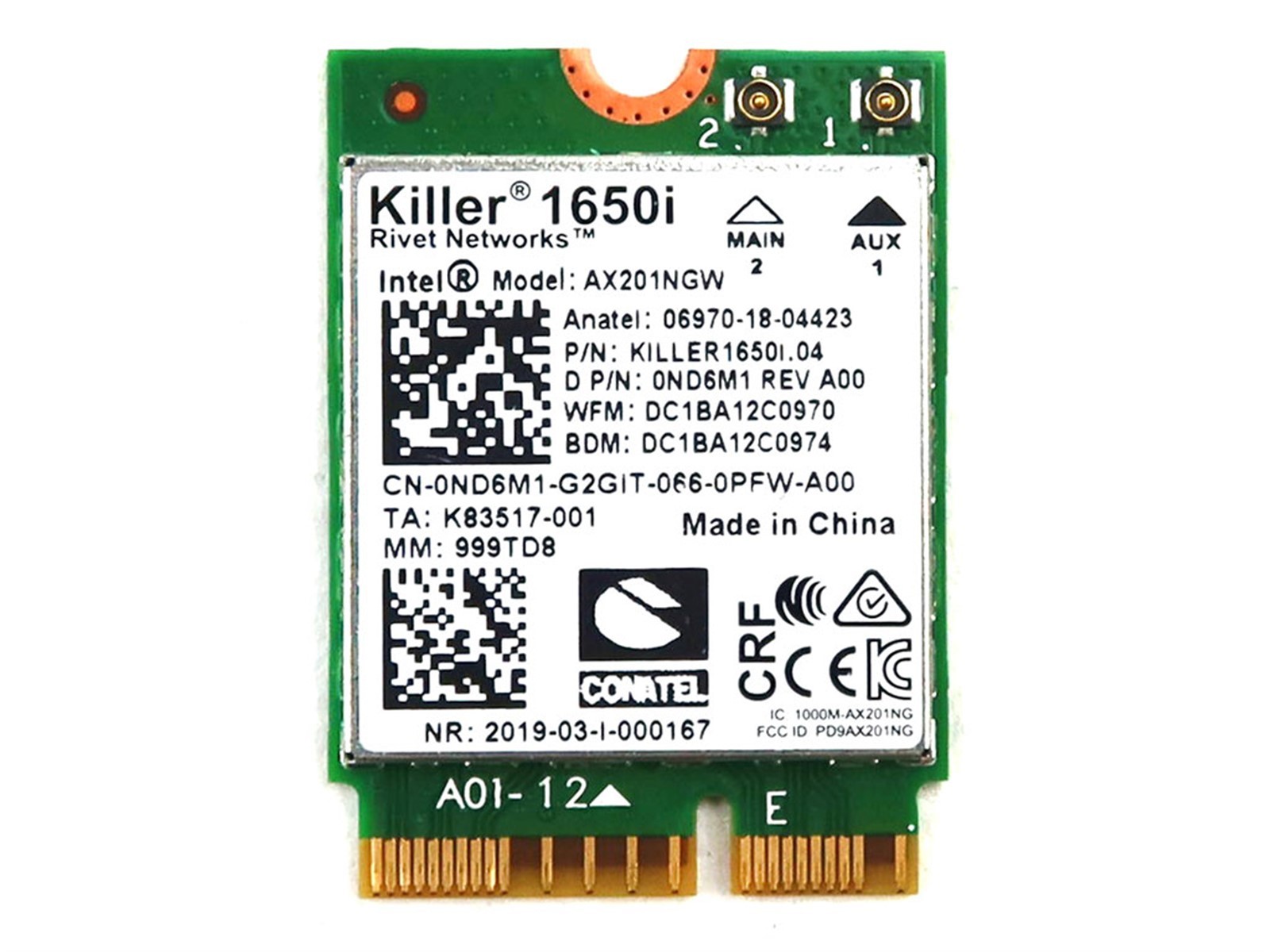 INTEL WI-FI 6 AX201 AX201NGW M.2 802.11AX WLAN BLUETOOTH 5.2 WIFI CARD ND6M1