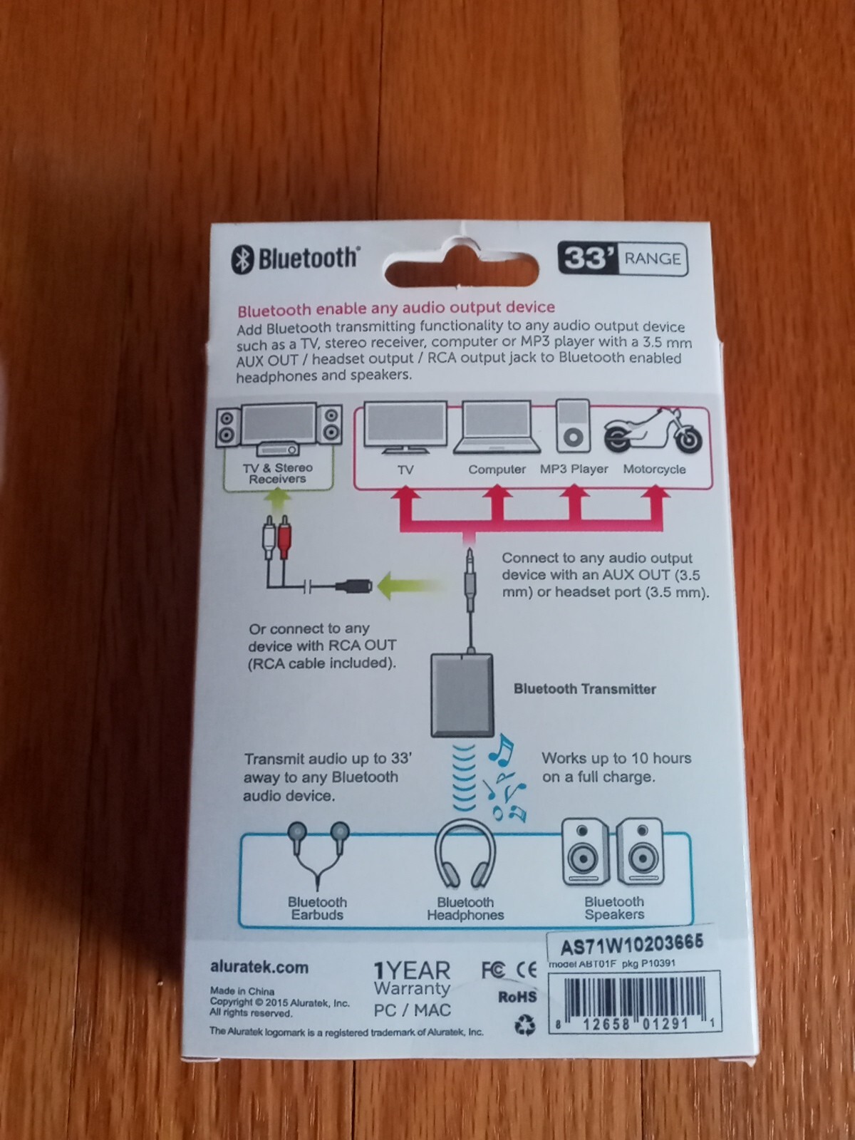 Aluratek Model: ABT01F Universal Bluethooth Audio Transmitter . New
