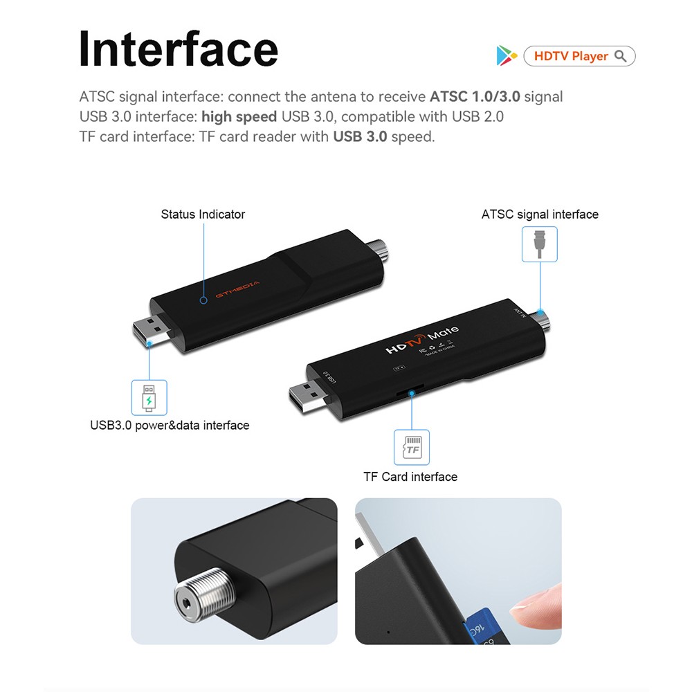 ATSC 3.0/1.0 HDTV Tuner Stick Digital Over-the-air Terrestrial Signal DVR Record
