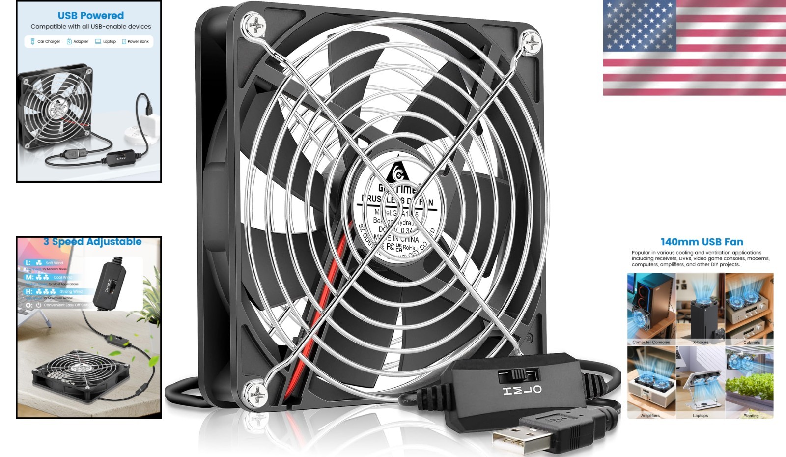 Efficient 140mm USB Fan with Brushless Motor & Metal Guards for Electronics