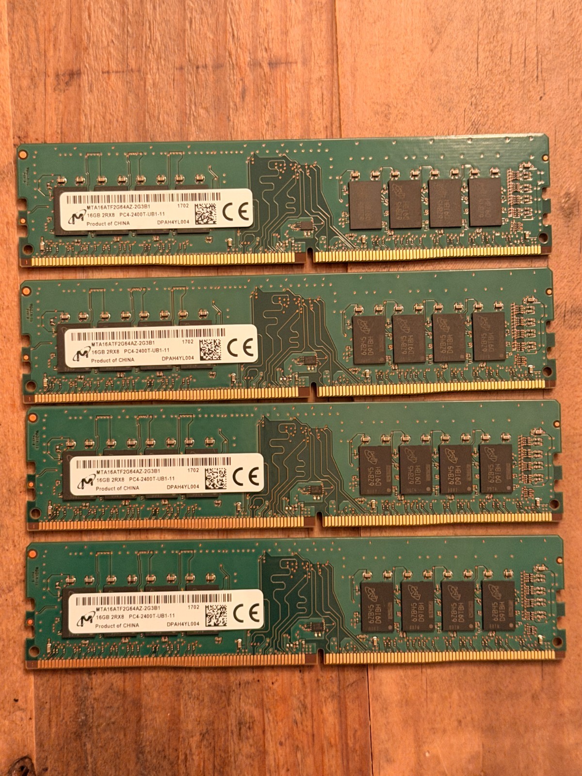 Lot of 4 Micron 16GB 2Rx8 PC4-2400T-UBB1-11 Unbuffered RAM MTA16ATF2G64AZ-2G3B1