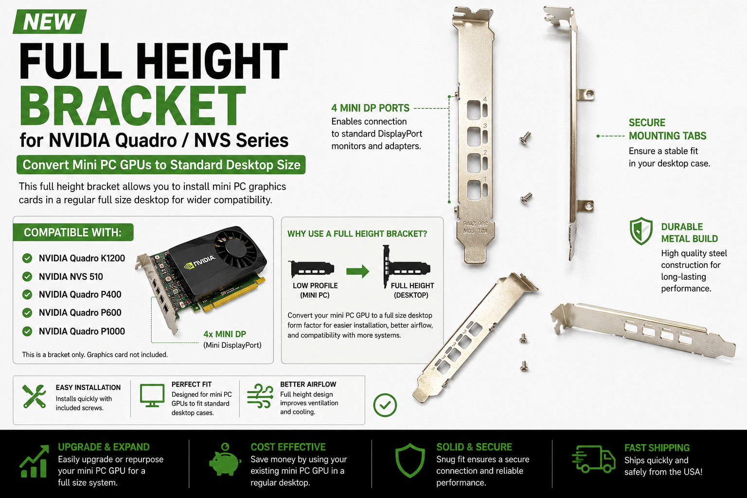 NEW Full Height Bracket for NVIDIA Quadro RTX K1200 T1000 P400 P600 P1000 4mDP