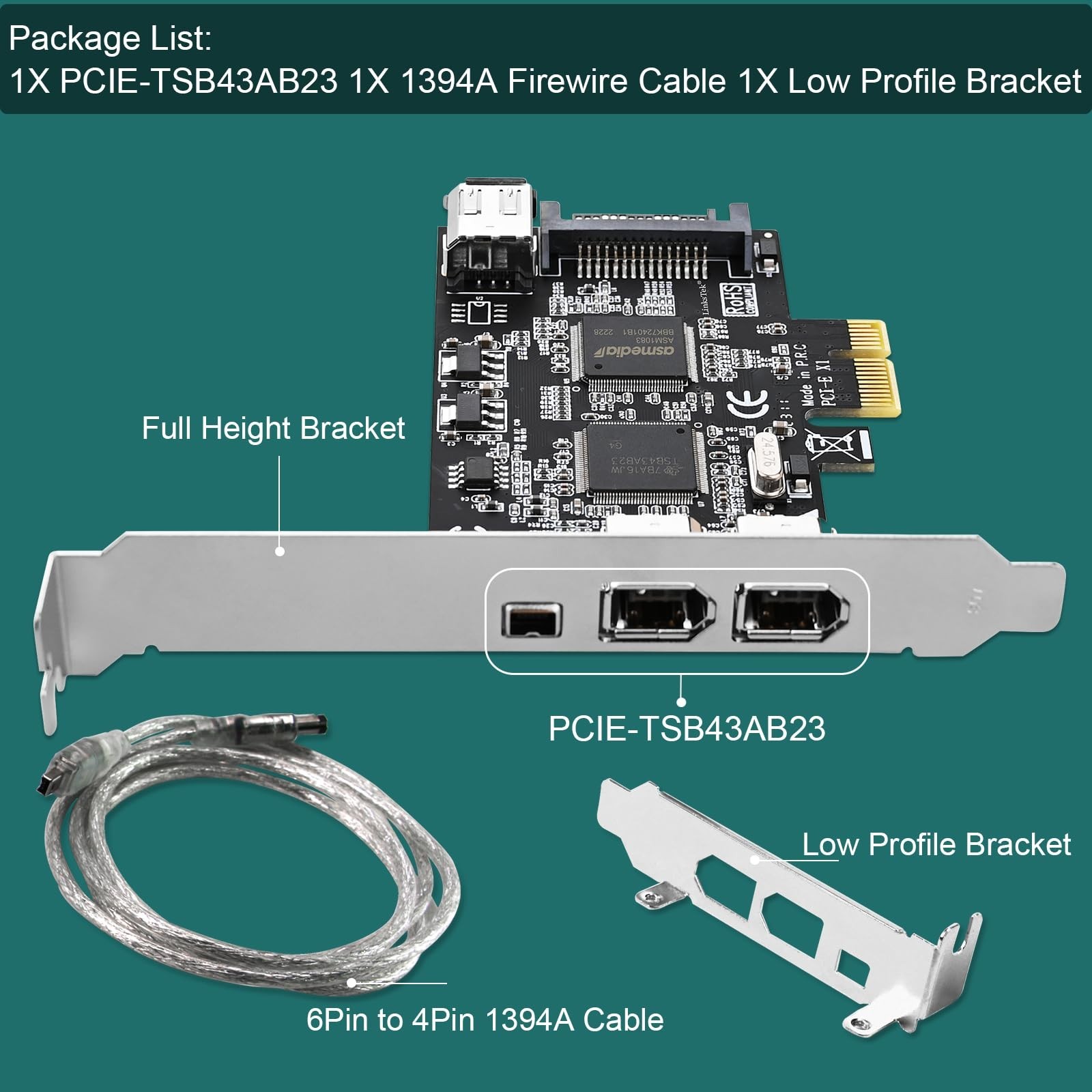 4-Port PCIe Firewire 400 Card, 1394A Interface for Windows & Mac, Cables Include