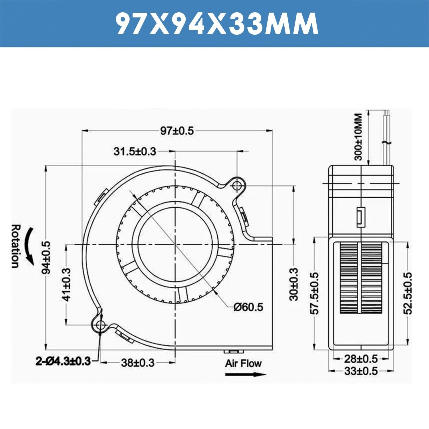 97mm DC Blower Fan 12V, Dual Ball Bearing Brushless Cooling Turbo 9733 2PIN