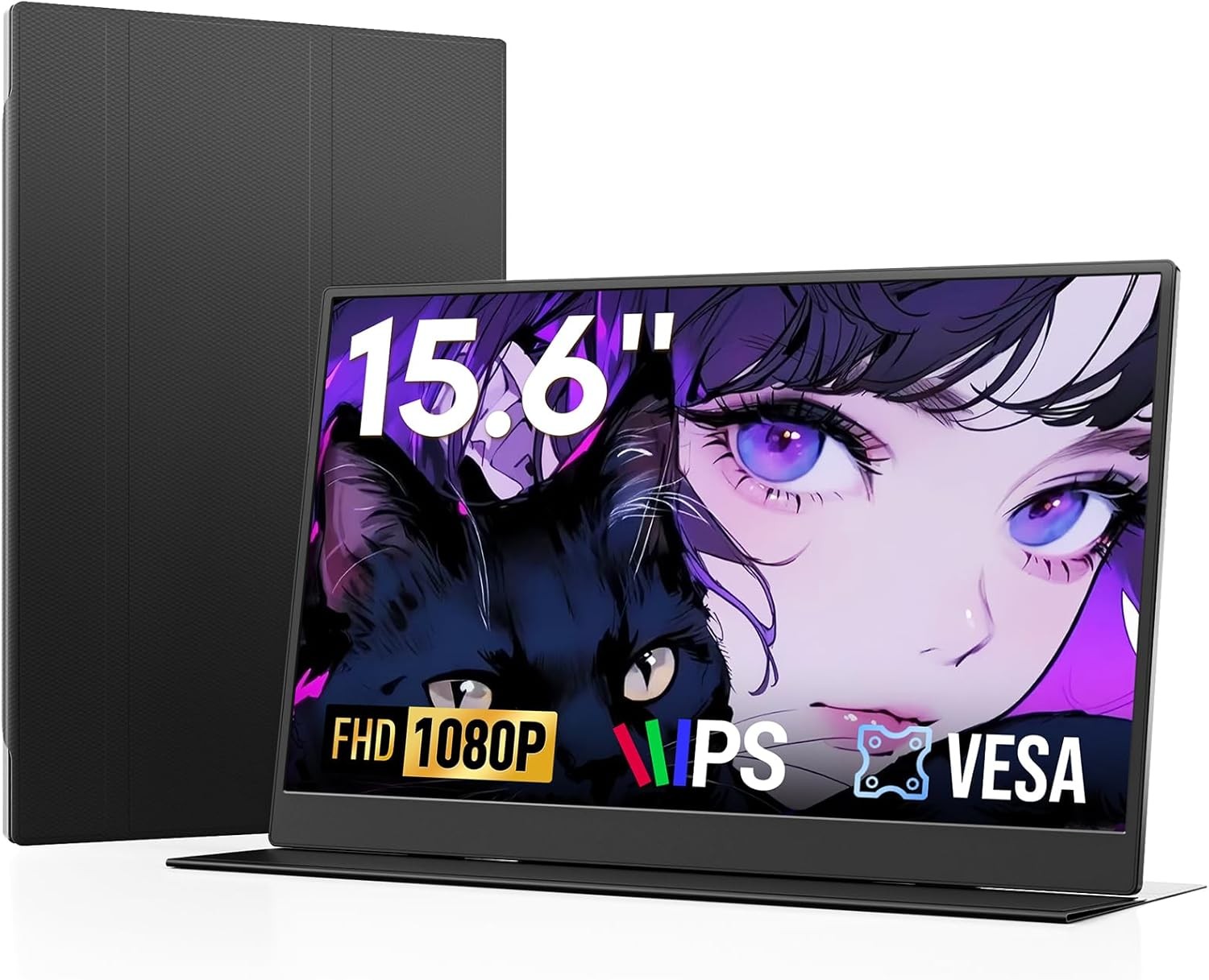 15.6″ Portable Monitor, FHD 1080P IPS, USB-C & Mini HDMI, Built-in Stand