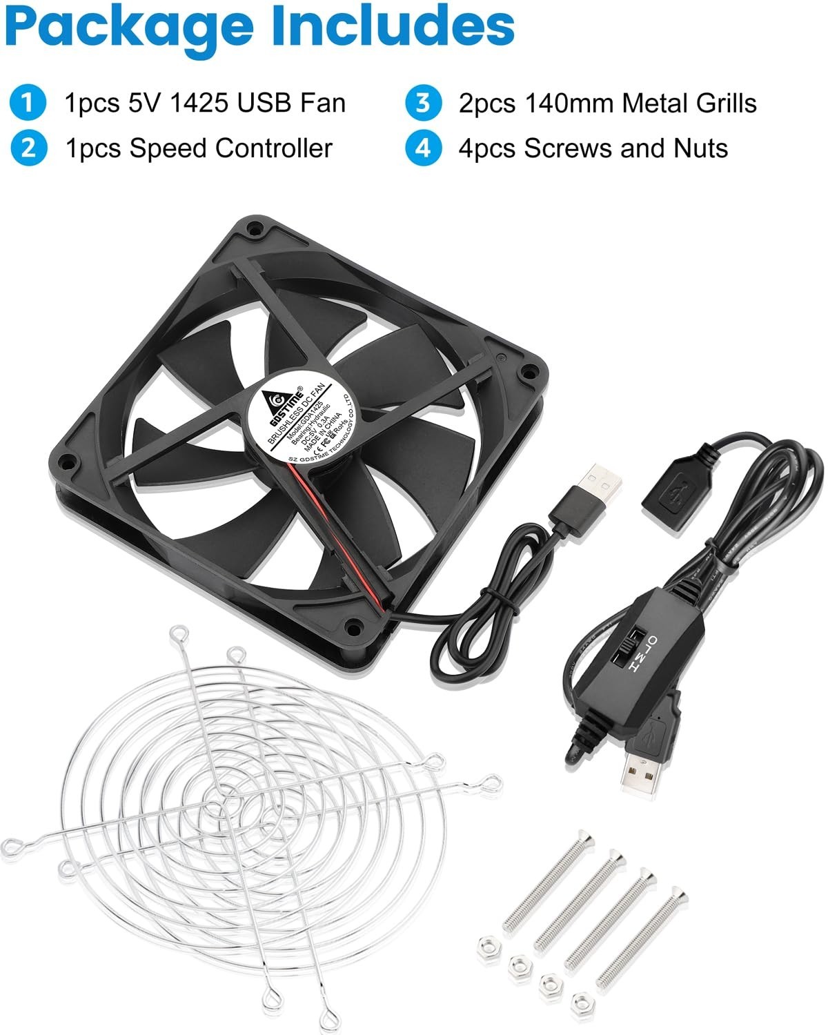 Efficient 140mm USB Fan with Brushless Motor & Metal Guards for Electronics