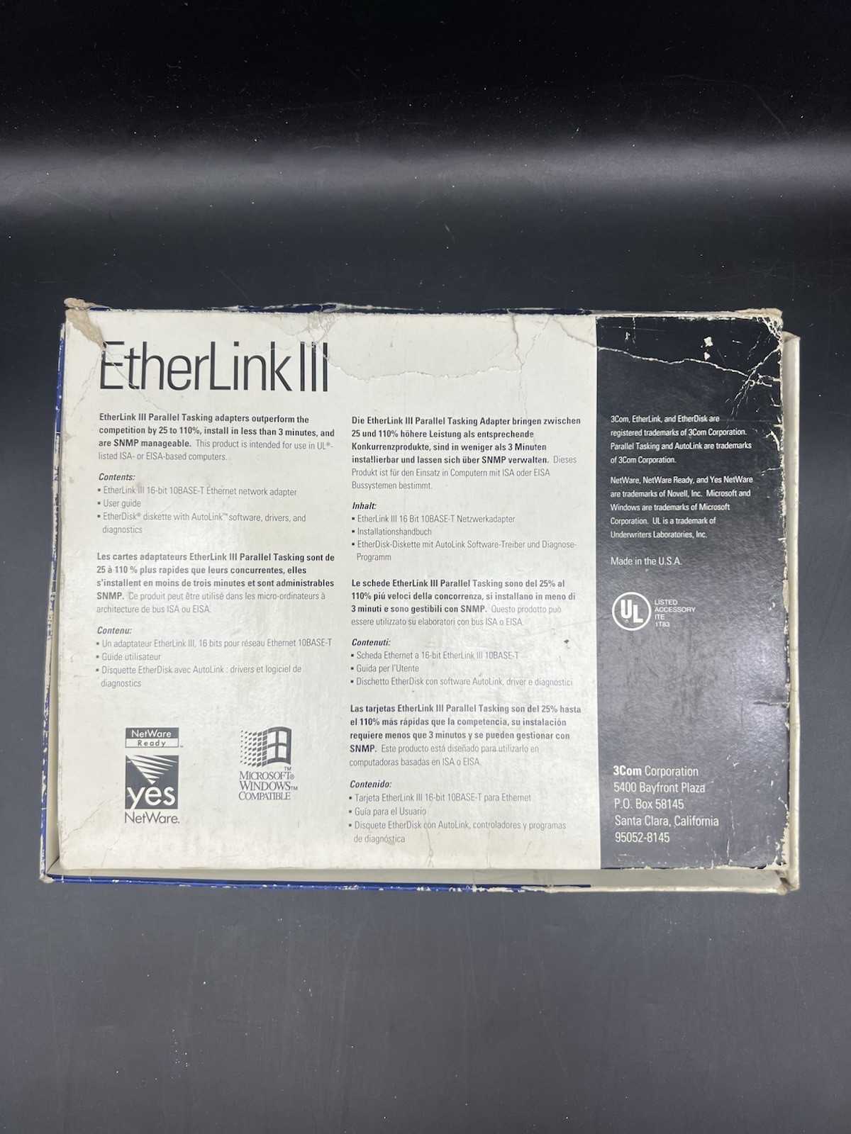 3Com EtherLink III 3C509B-TP ISA 10BASE-T Network Adapter w/ Box Untested