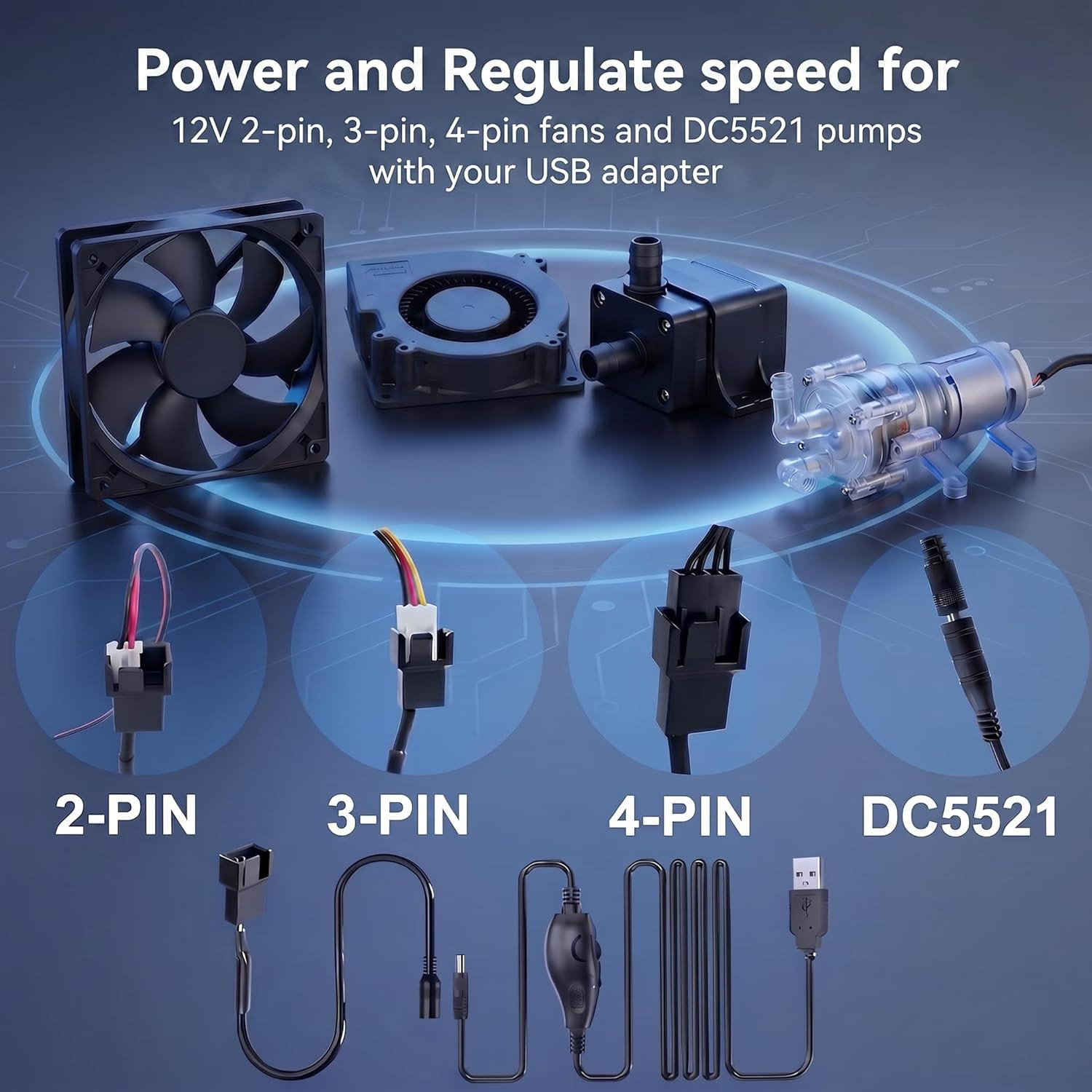 USB 5V to 5-12V Adjustable Fan Speed Controller, 4.8FT Cable, DC5521
