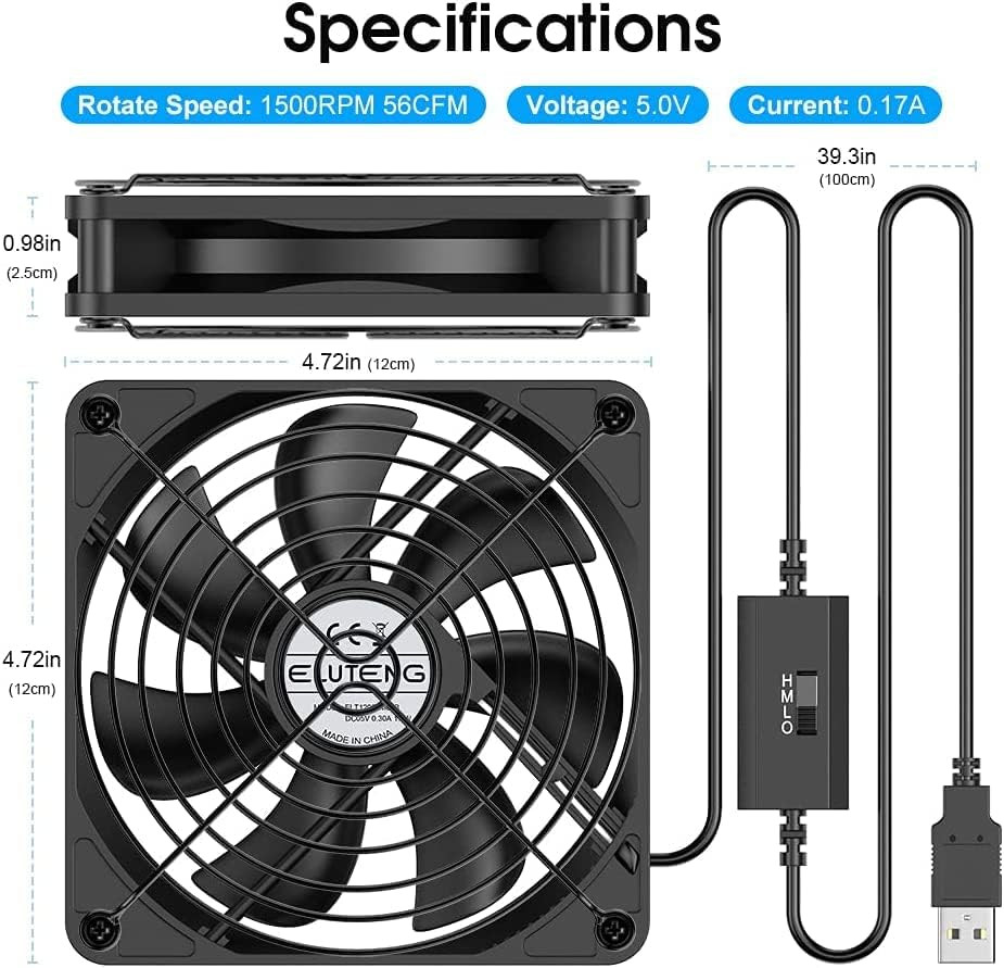 ELUTENG 120Mm Fan with 3 Speed 5V USB Powered Case Fan 1500PRM Gaming PC Portabl