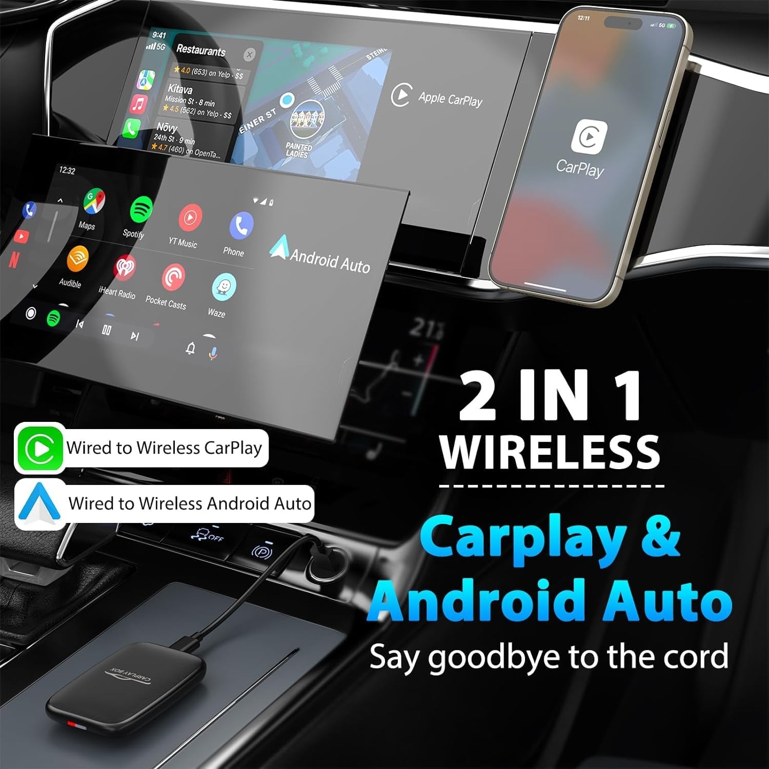 CarPlay Wireless Adapter & Android Auto Adapter,2025 Upgrade Convert Black