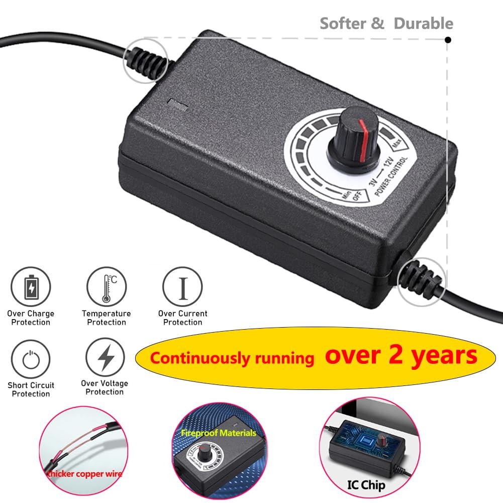 12V Fan Power Supply,PC Speed Controller,100-240vAC to 3-12vDC 24W Adjustable