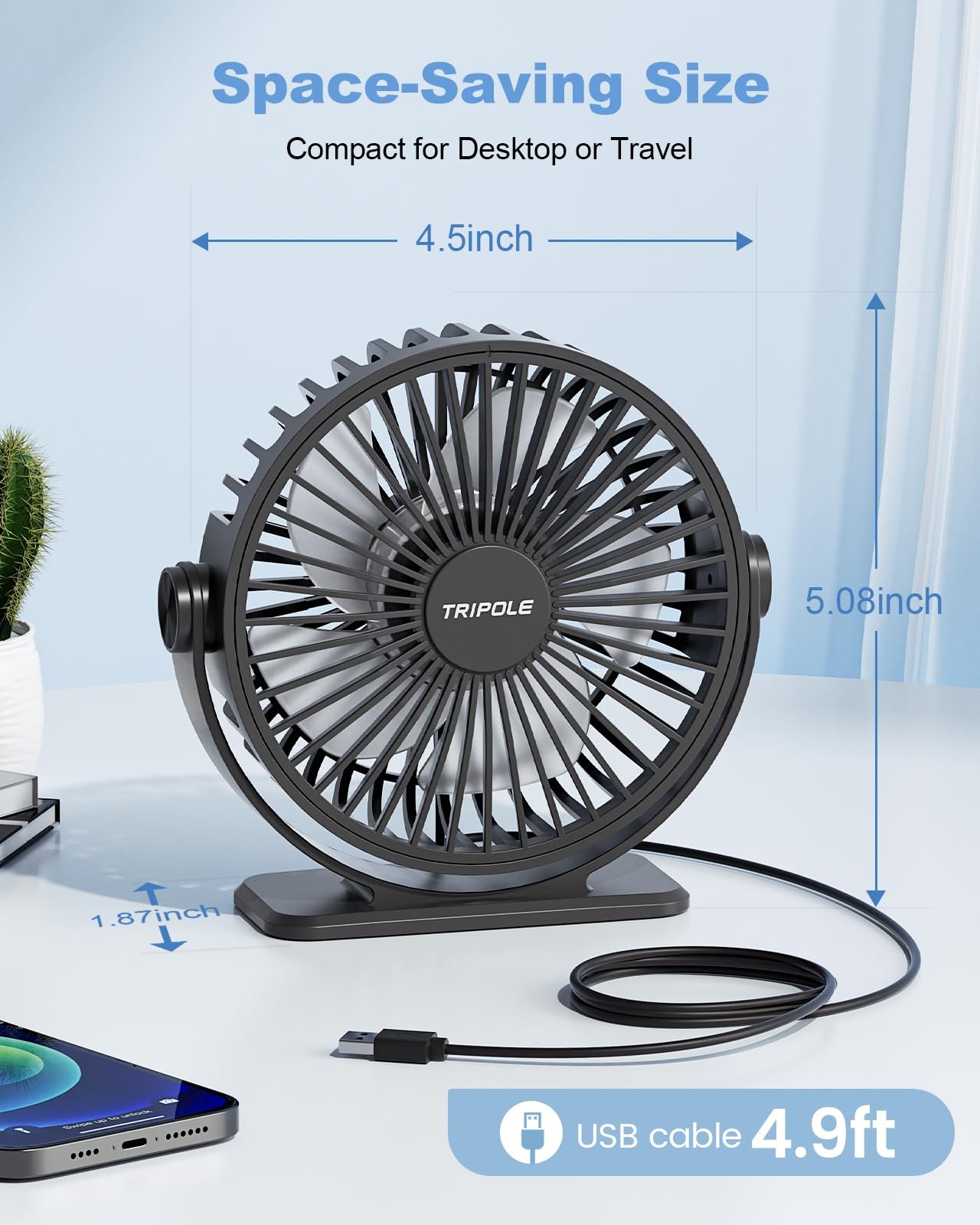 TriPole Desk Fan USB Powered Small Portable Fan, 3 Speeds Mini, Black