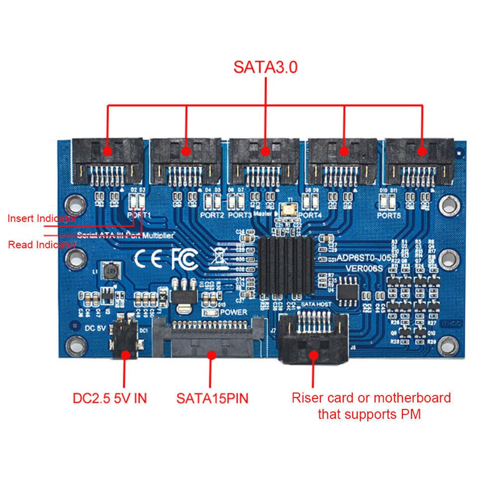 1 To 5 Ports SATA Expansion Card SATA3.0 7PIN Motherboard 6Gbps Riser Card Hub m
