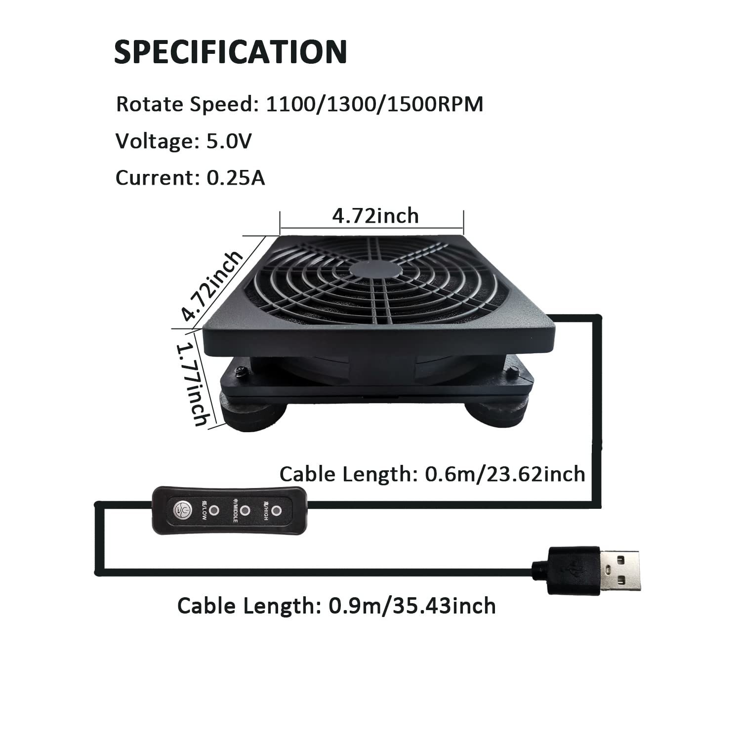 Upgraded 120mm 5V USB Powered PC Router Fan with Speed Controller High Airflo…