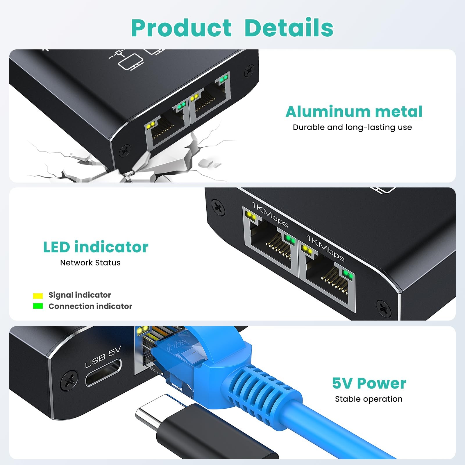 HRSDEIE Ethernet Splitter 1-to-2 Gigabit RJ45 1000Mbps Network LAN Adapter