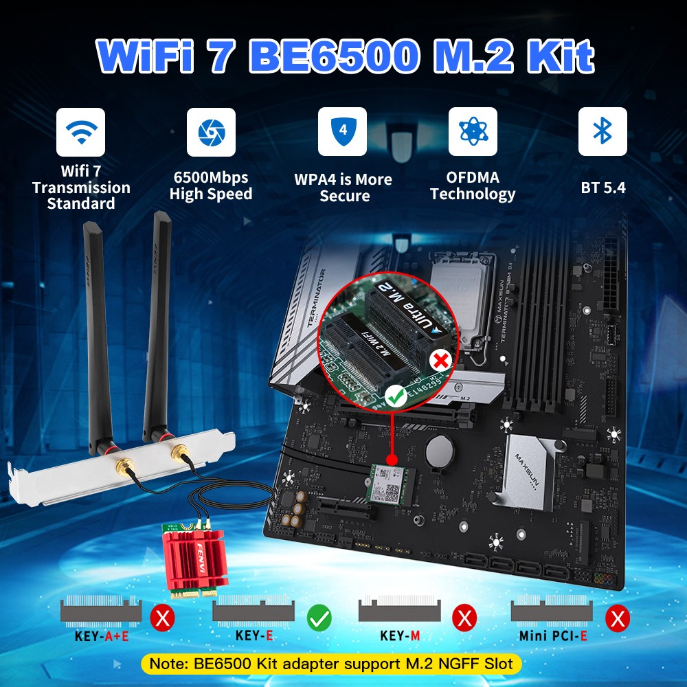 FENVI FV-BE6500NG WiFi 7 M.2 2230 Key E Card MT7925 6.5Gbps BT5.4 Desktop Kit