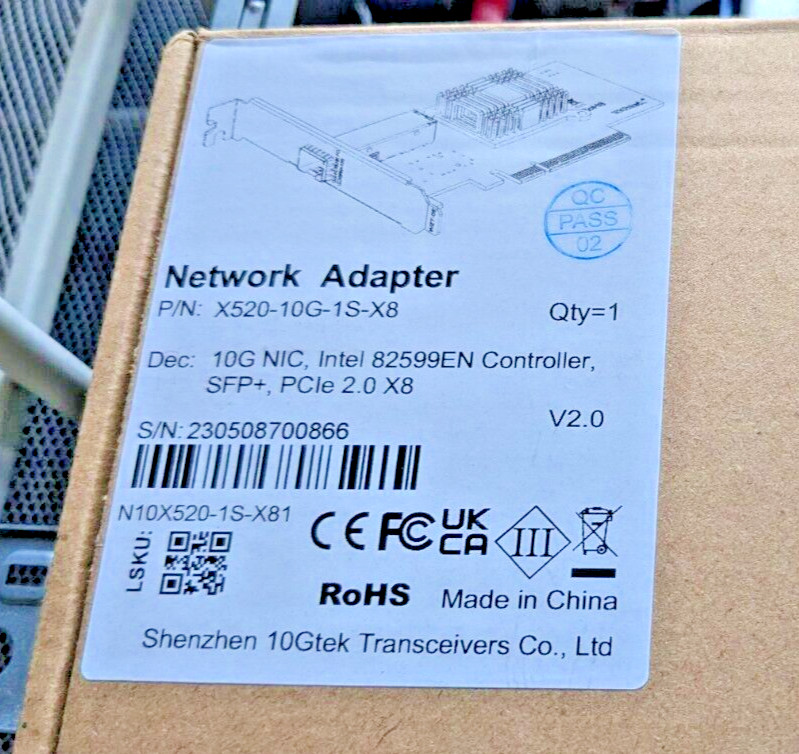 10Gtek X520-10G-1S-X8 Intel 82599EN PCIe 2.0 x8 SFP+ NIC with FH and LP brackets