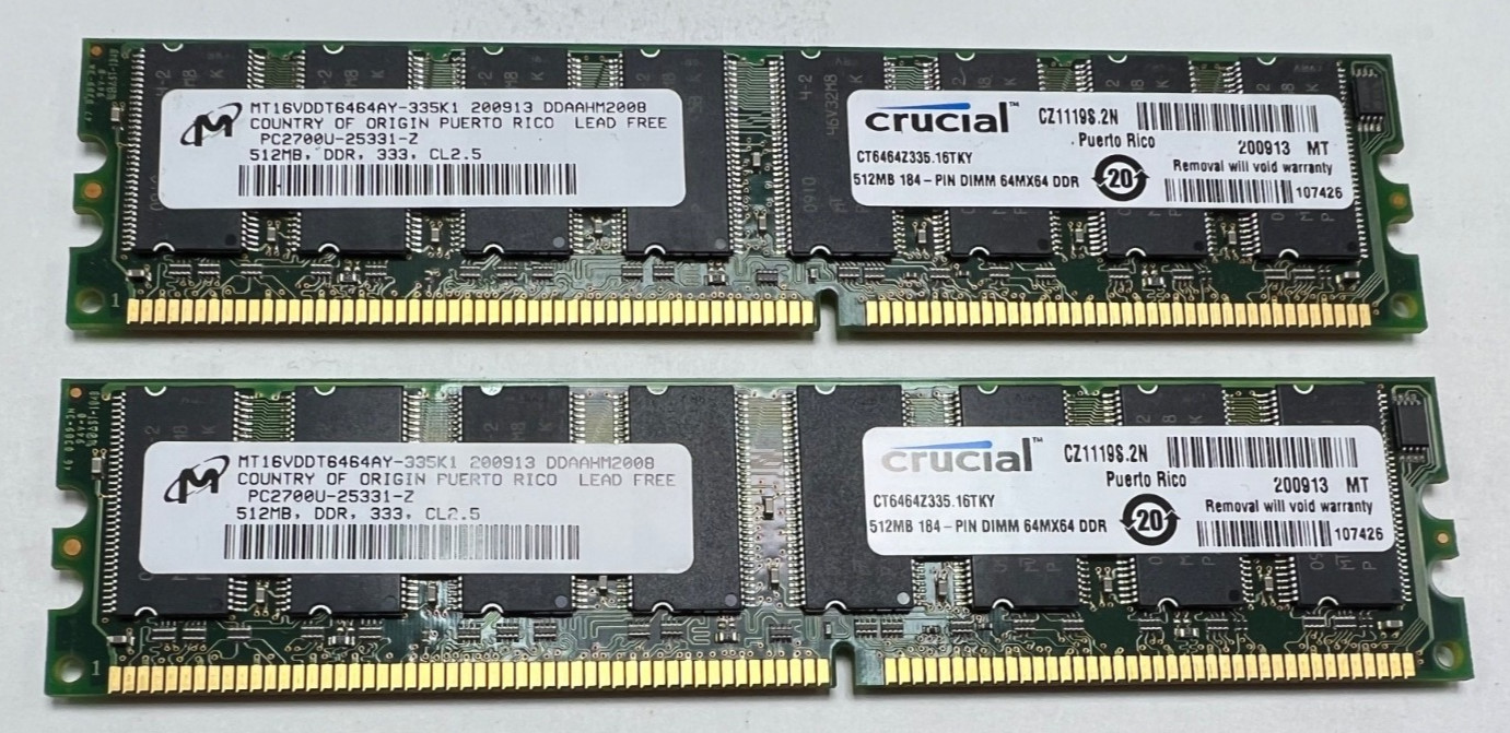 CRUCIAL RAM 1GB (2X512MB) DDR 333 CL2.5 Memory PC2700U-25331-Z