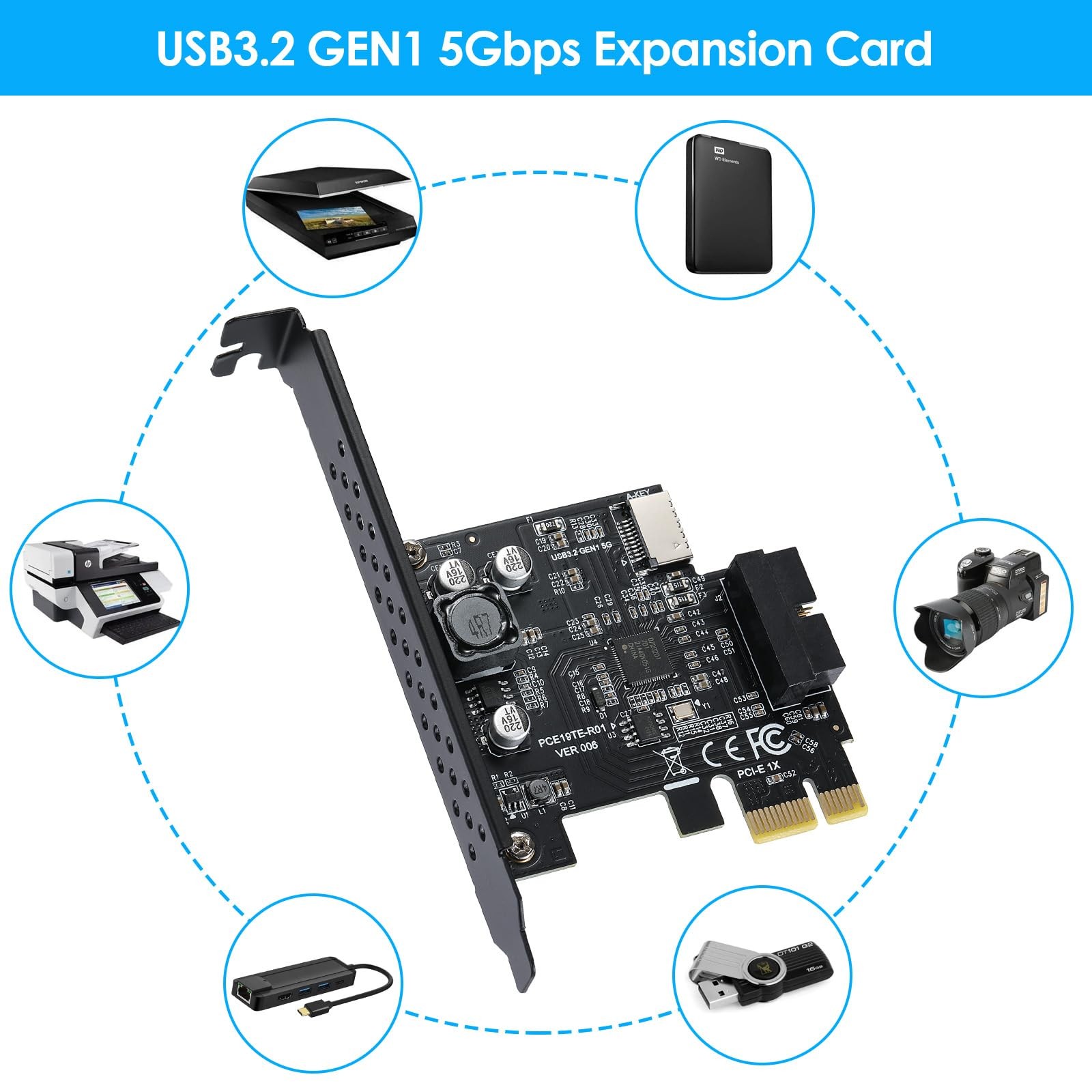 PCIE SATA Expasion Card USB 3.2 GEN1 5Gbps Type E Key A and USB 3.0 19pin Fro…