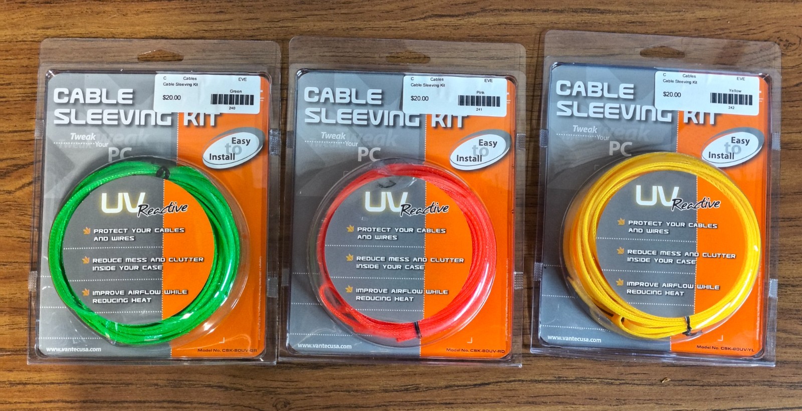 3pc Vantec UV Reactive PC Cable Sleeving Kit – Red/Green/Yellow