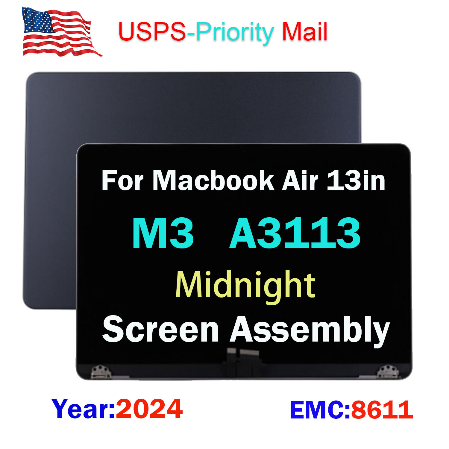 OEM For Macbook Air A3113 13in M3 LCD Display Screen Assembly EMC 8611 Midnight