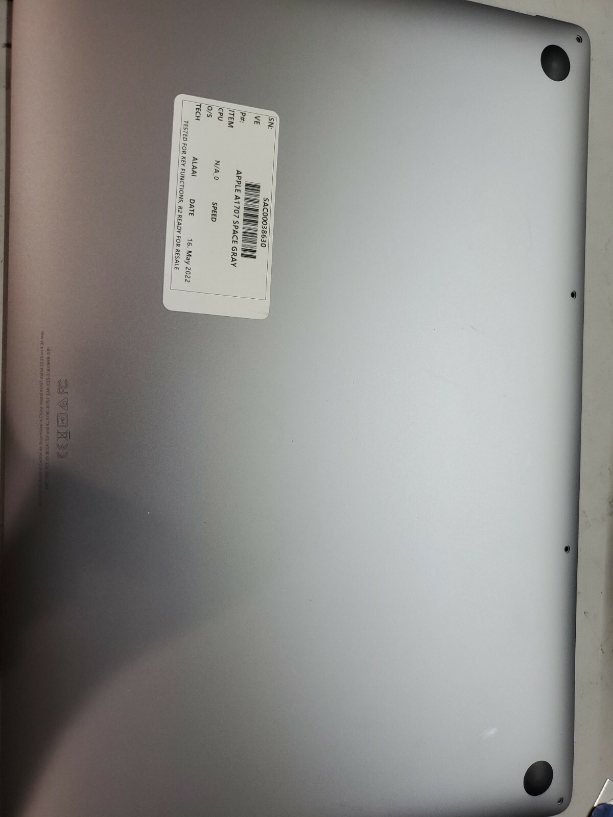 MacBook Pro 15″ Back Cover Bottom Case Housing A1707 Mid 2016 2017 grey